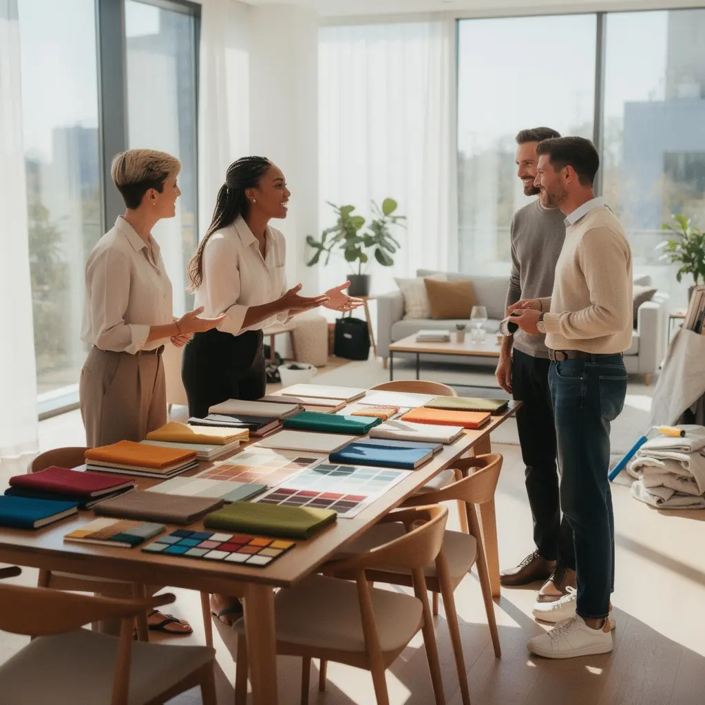Ein stilvoll eingerichtetes Wohnzimmer mit modernen Möbeln und warmen Farben.